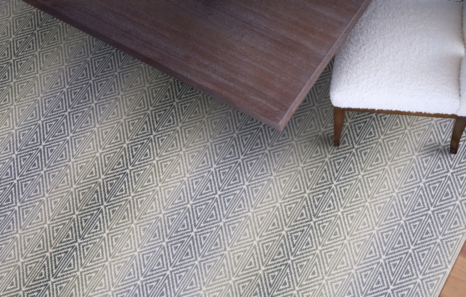 A colorful wool-blend wilton carpet with intricate geometric pattern