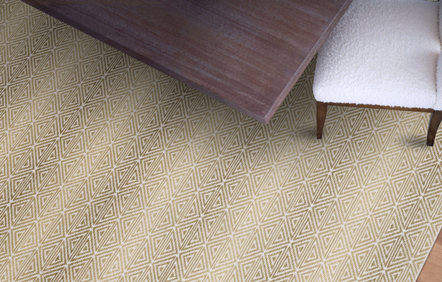 A colorful wool-blend wilton carpet whose intricate geometric pattern  works beautifully as a living room rug, bedroom rug, or office rug