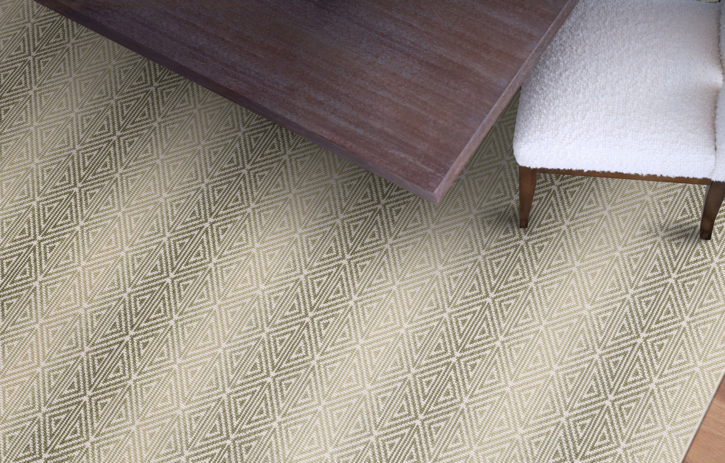 A colorful wool-blend wilton carpet whose intricate geometric pattern as a living room rug, bedroom rug, or office rug