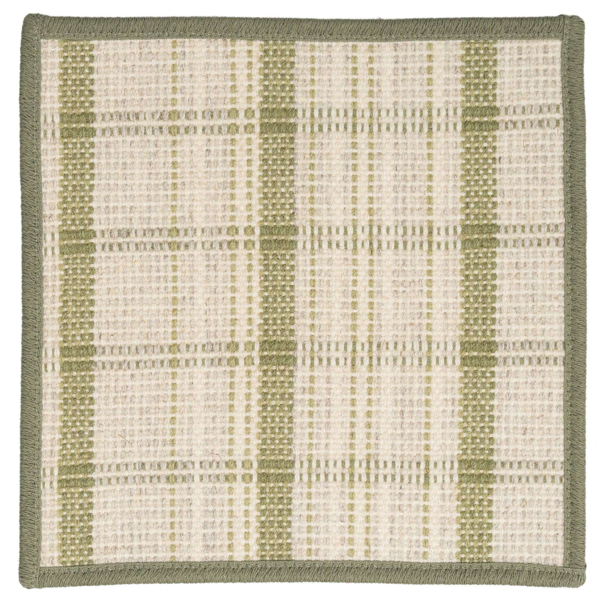 Breckenridge aloe green with cream plaid wool rug.  Geometric rug
