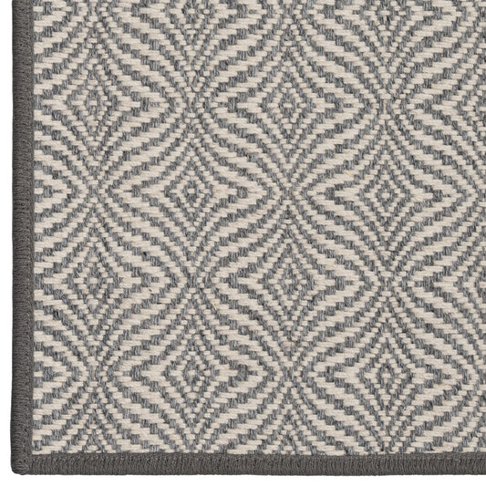 Close-up of a geometric patterned rug with blue and beige colors.