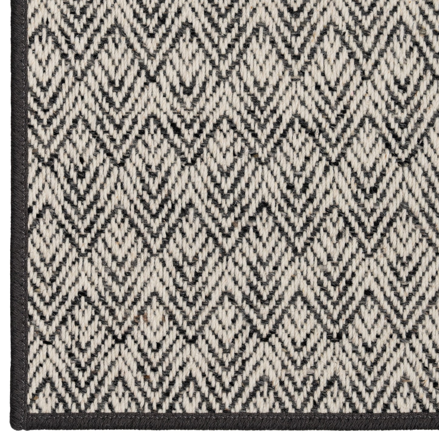 Close-up of a black and white geometric patterned rug.