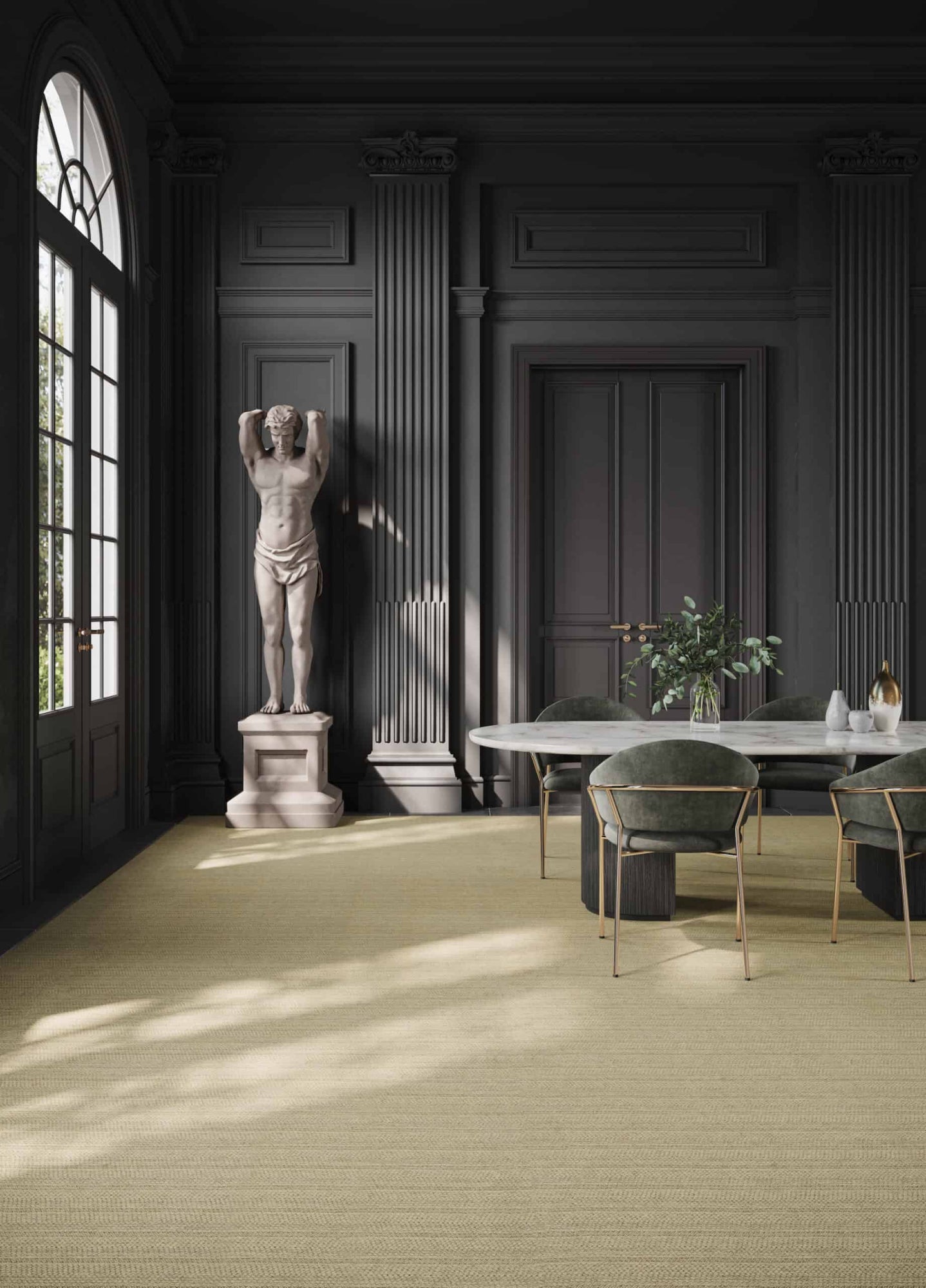 A room decorated with a luxury, modern rug from Home Carpet One, design Wind River Sand.