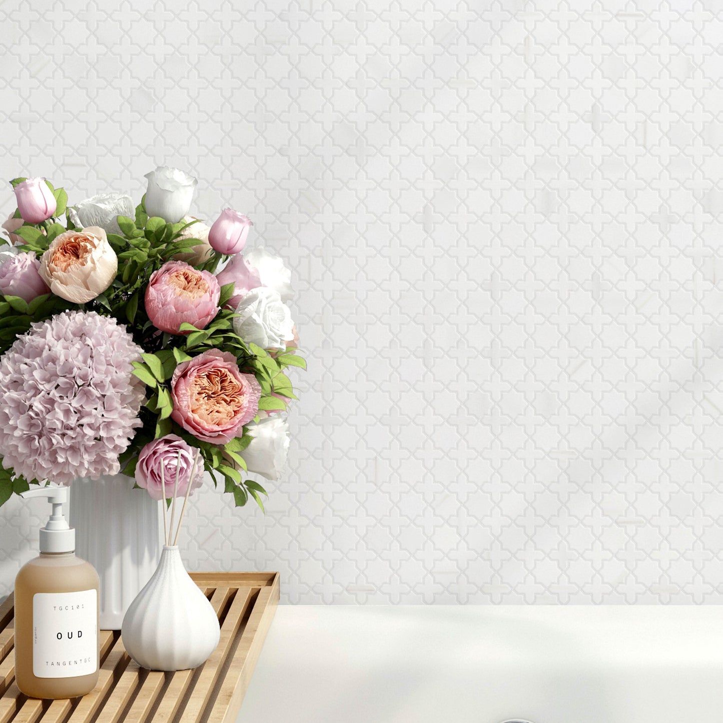 Arabesque marble mosaic tile. Luxury white marble mosaic wall tile