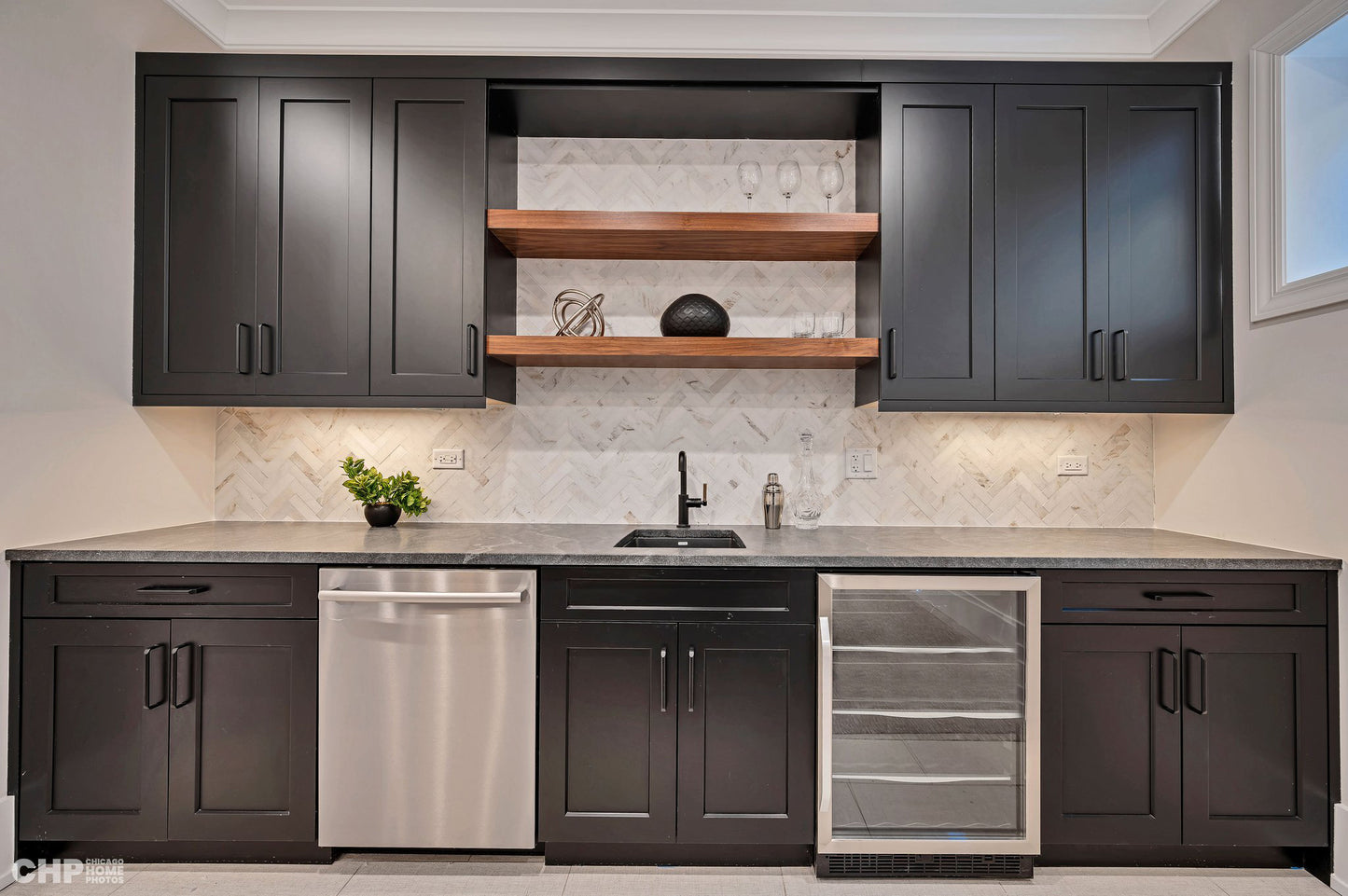 Bianco Marea Kitchen Wall Tile. Luxury Wall Tile. Chevron Tile Pattern in a Modern Kitchen