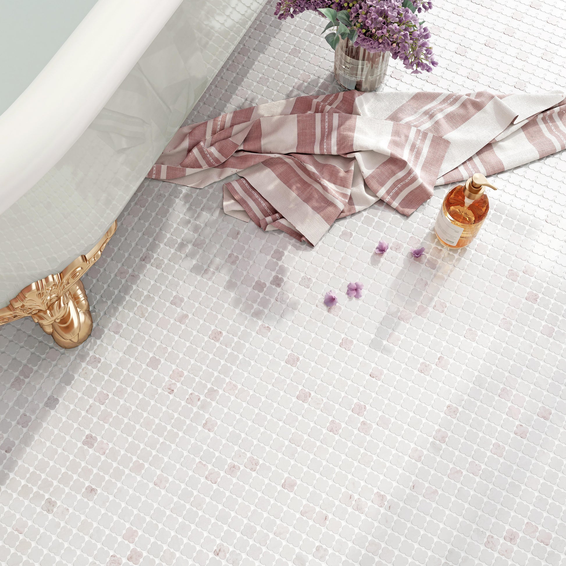 Clover-shaped rose marble micro mosaic floor tile