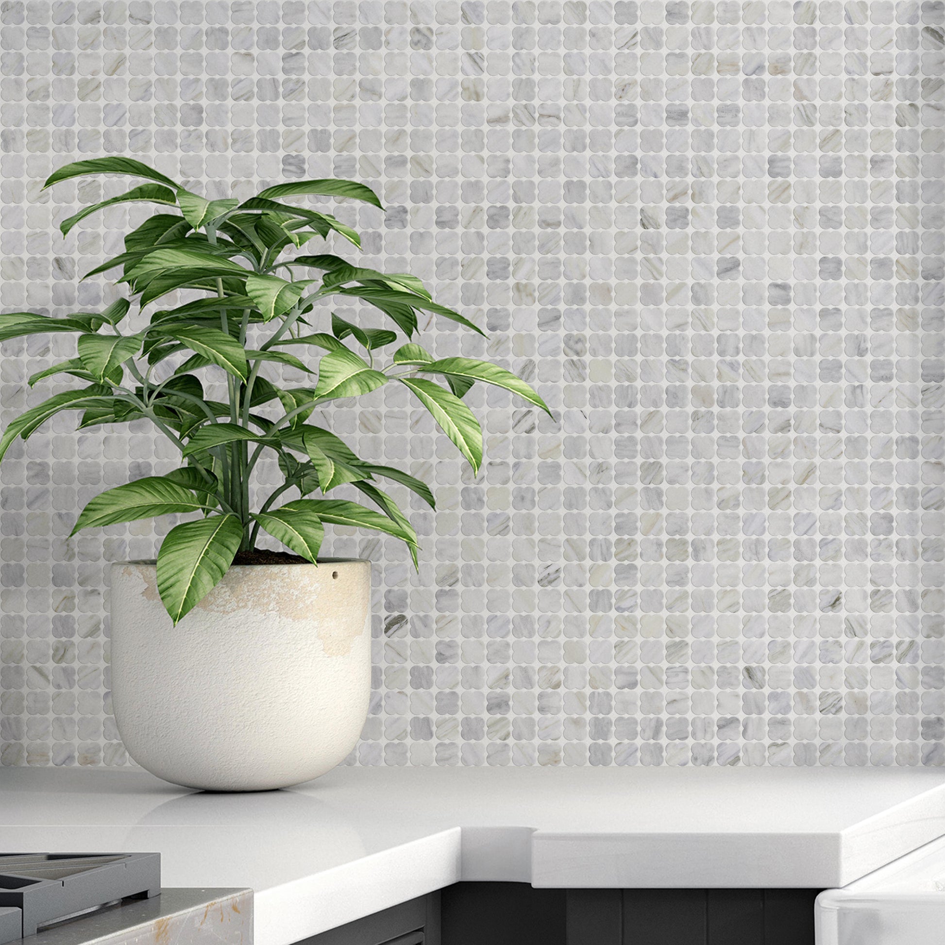 Clover-shaped marble micro mosaic tile. Luxury micro mosaic wall tile. Luxury micro mosaic tile