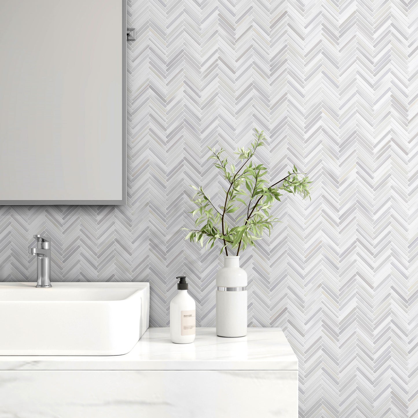 mini Herring Bone Contemporary Porcelain Tile. Luxury White and Silver Grey Mini Herringbone Wall Tile