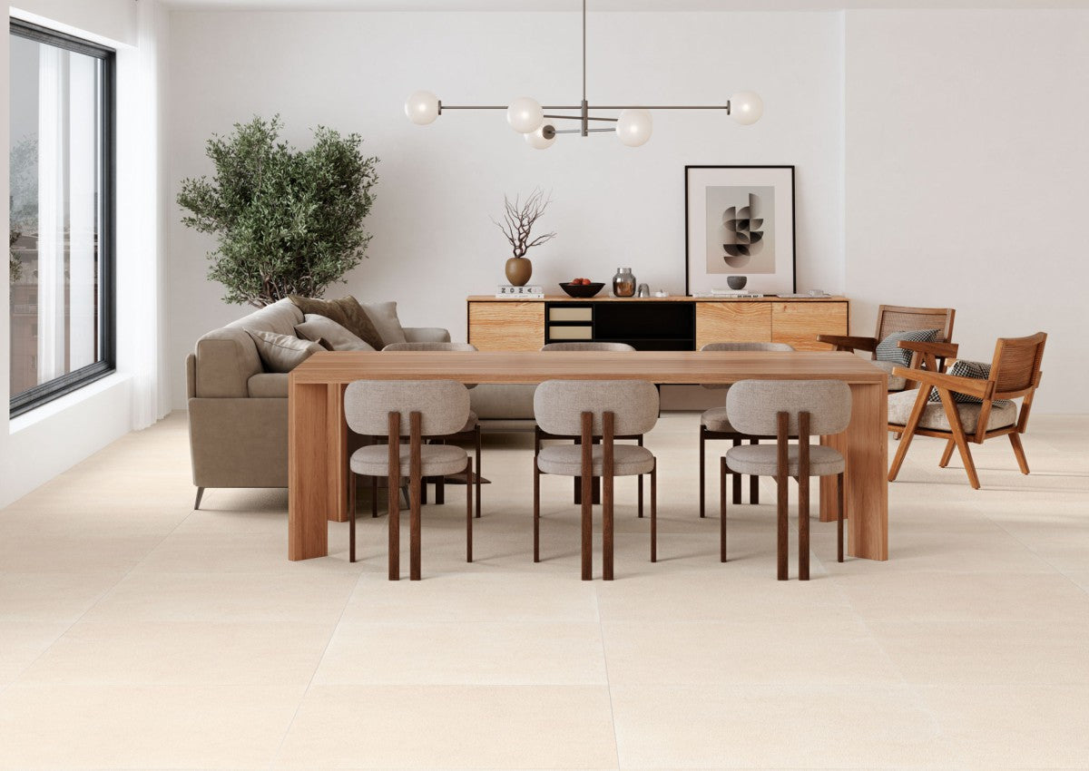 Modern room decorated with contemporary luxury flooring in ivory tones, from Home Carpet One Chicago.