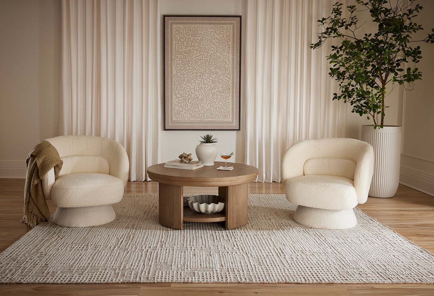 A room decorated with a Nectar Grid Beige luxury carpet from Home Carpet One.