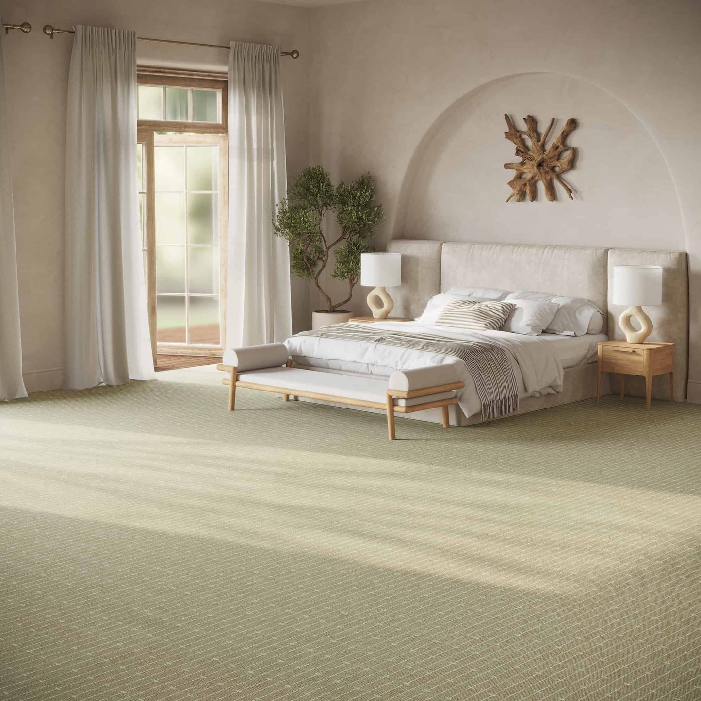 Pirate's Bight Wool flatweave carpet. Bedroom decorated with modern beige wool carpet