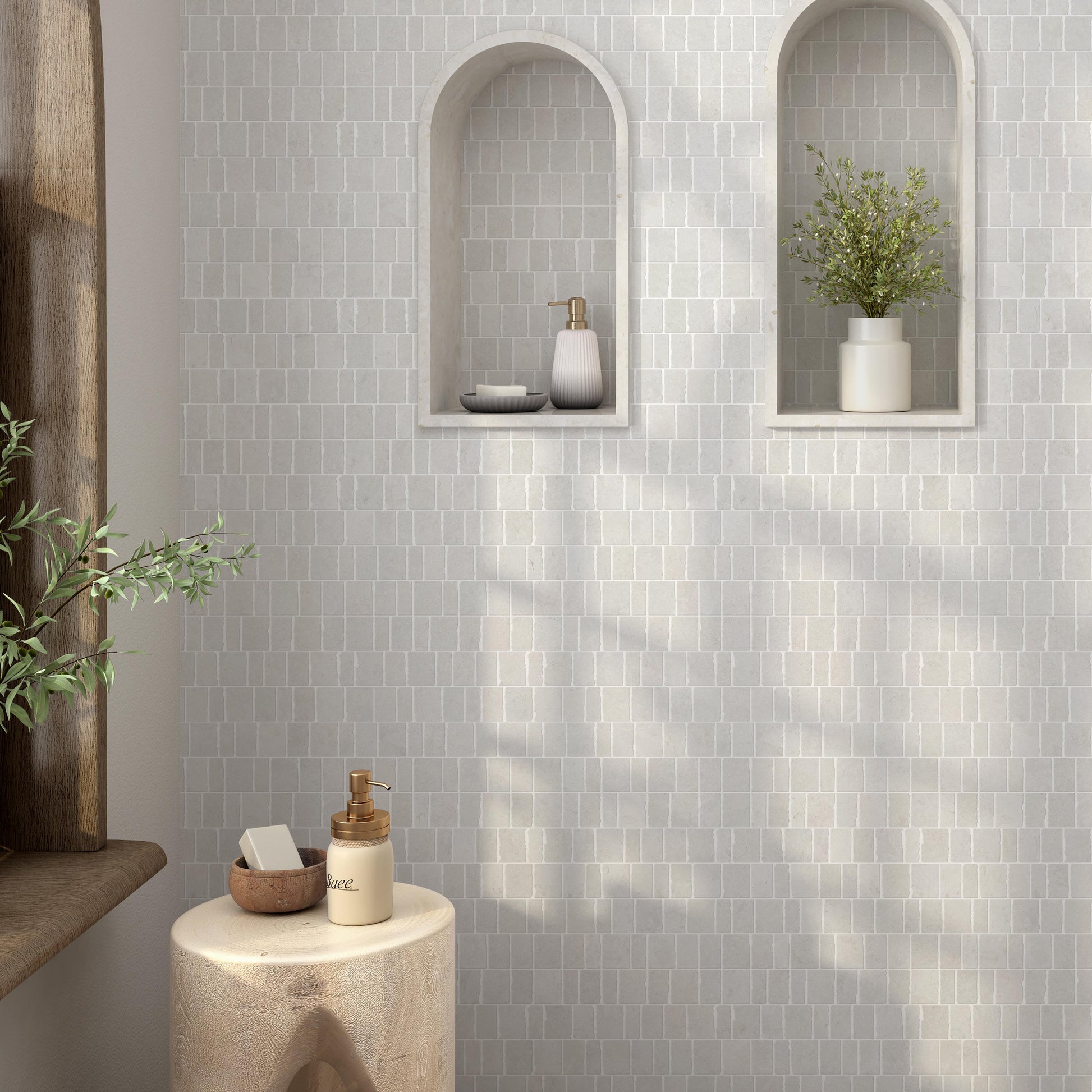 Scarpa luxury offset marble mosaic tile. Luxury mosaic bathroom wall tile. White Limestone Mosaic Tile
