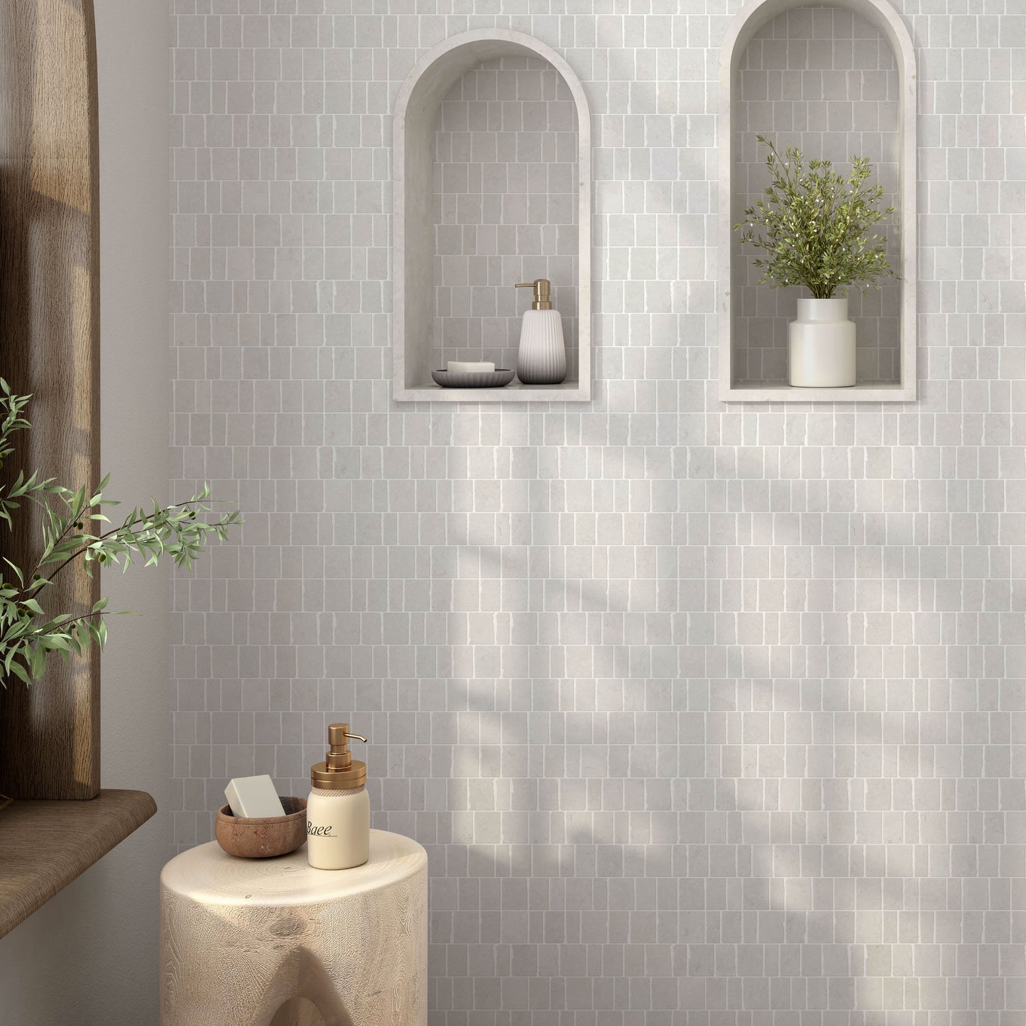 Scarpa luxury offset marble mosaic tile. Luxury mosaic bathroom wall tile. White Limestone Mosaic Tile