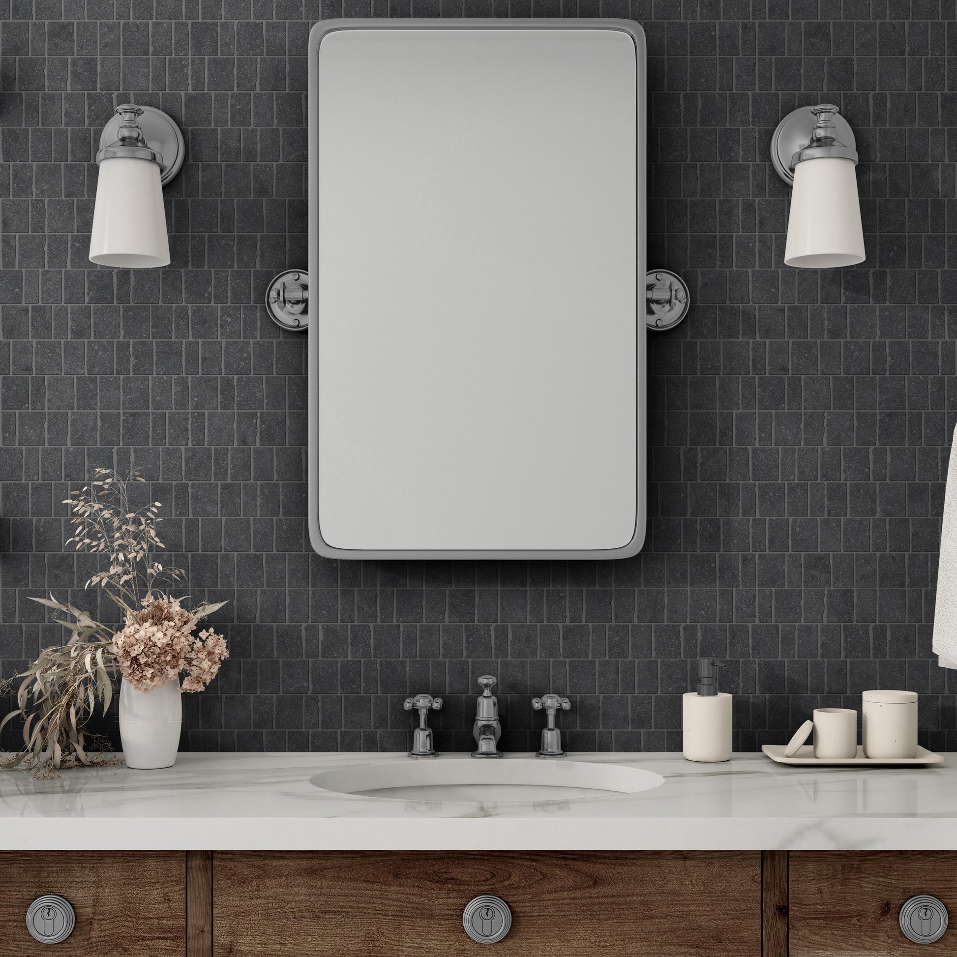 Scarpa dark grey offset mosaic tile. Luxury black stone wall tile.