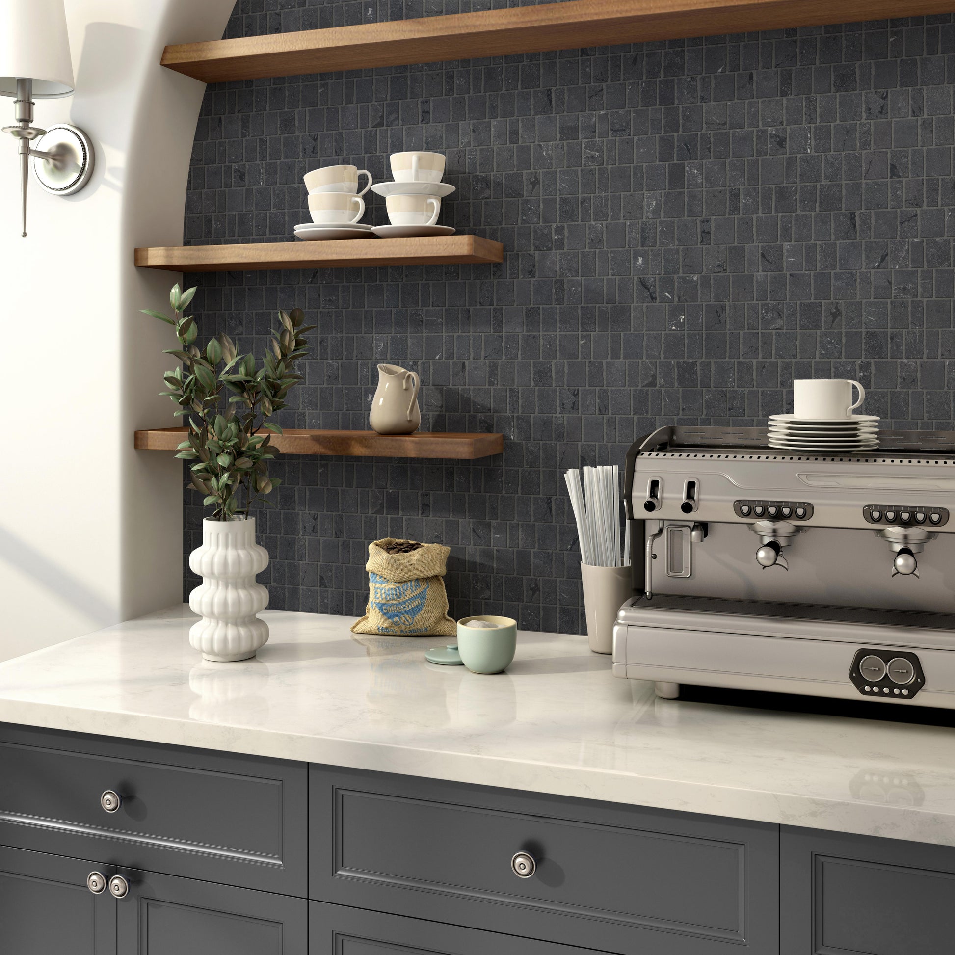 Scarpa Kitchen Wall Offset Black Mosaic Tile. Luxury Offset Mosaic Tile. Backsplash Black Mosaic Tile