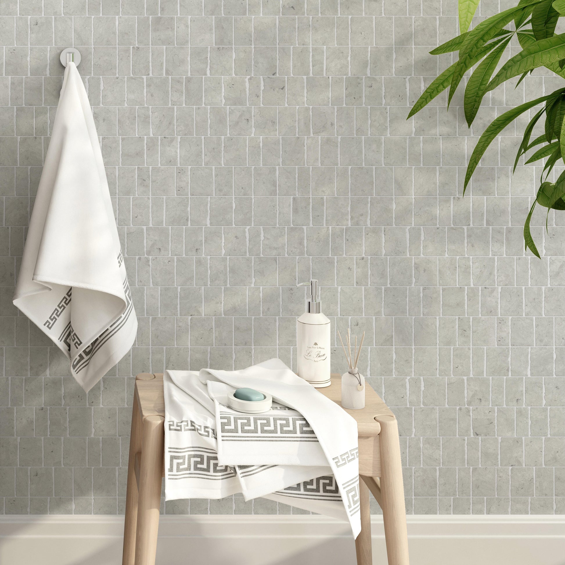 Scarpa offset grey marble mosaic tile. Luxury bathroom wall offset mosaic tile