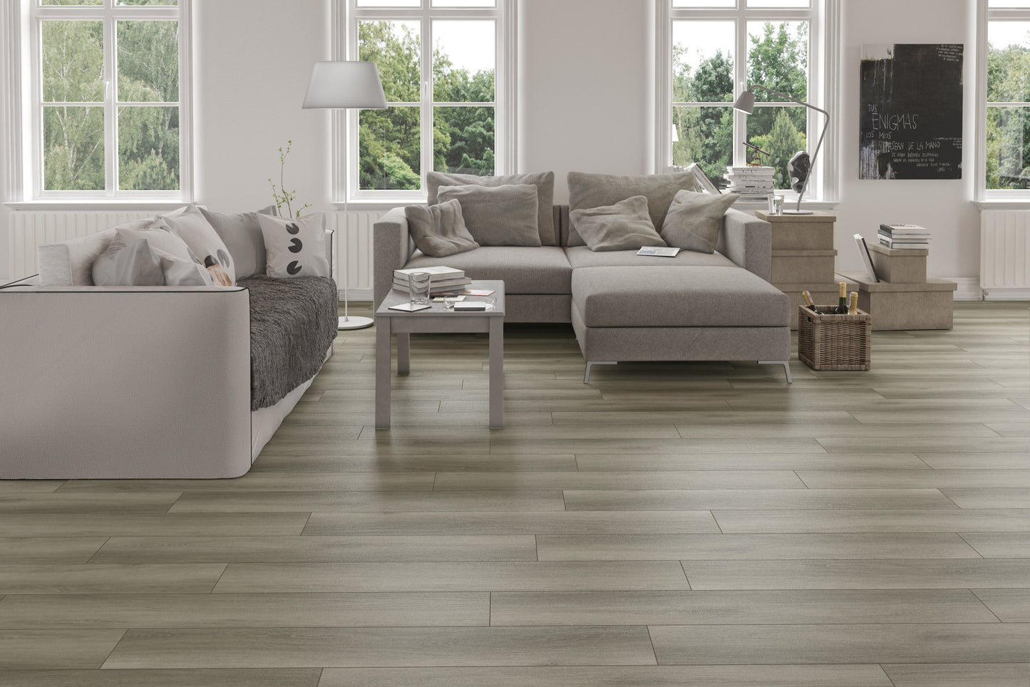 Modern riverbed room decorated in a mix of white and grey tones with Stanton Grove hardwood flooring.