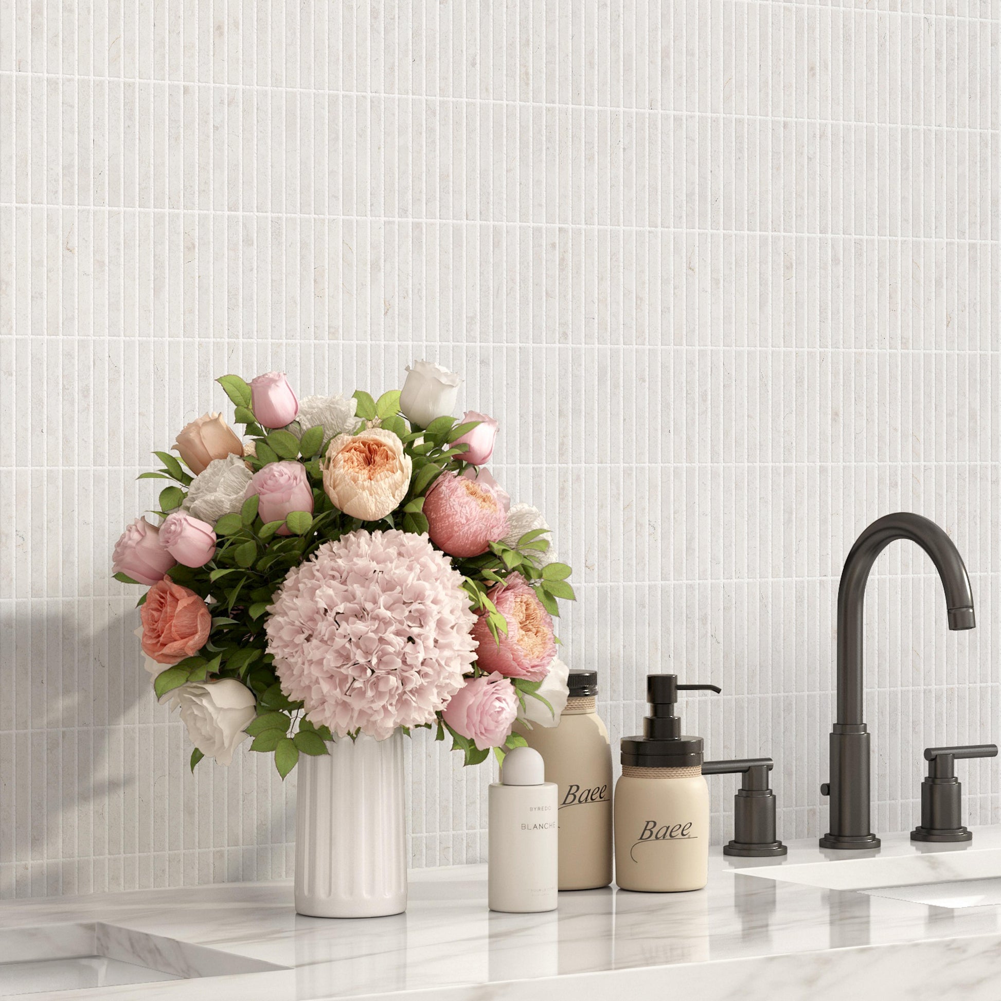 Sticks stacked white marble mosaic tile. Luxury white marble stick mosaic bathroom wall tile