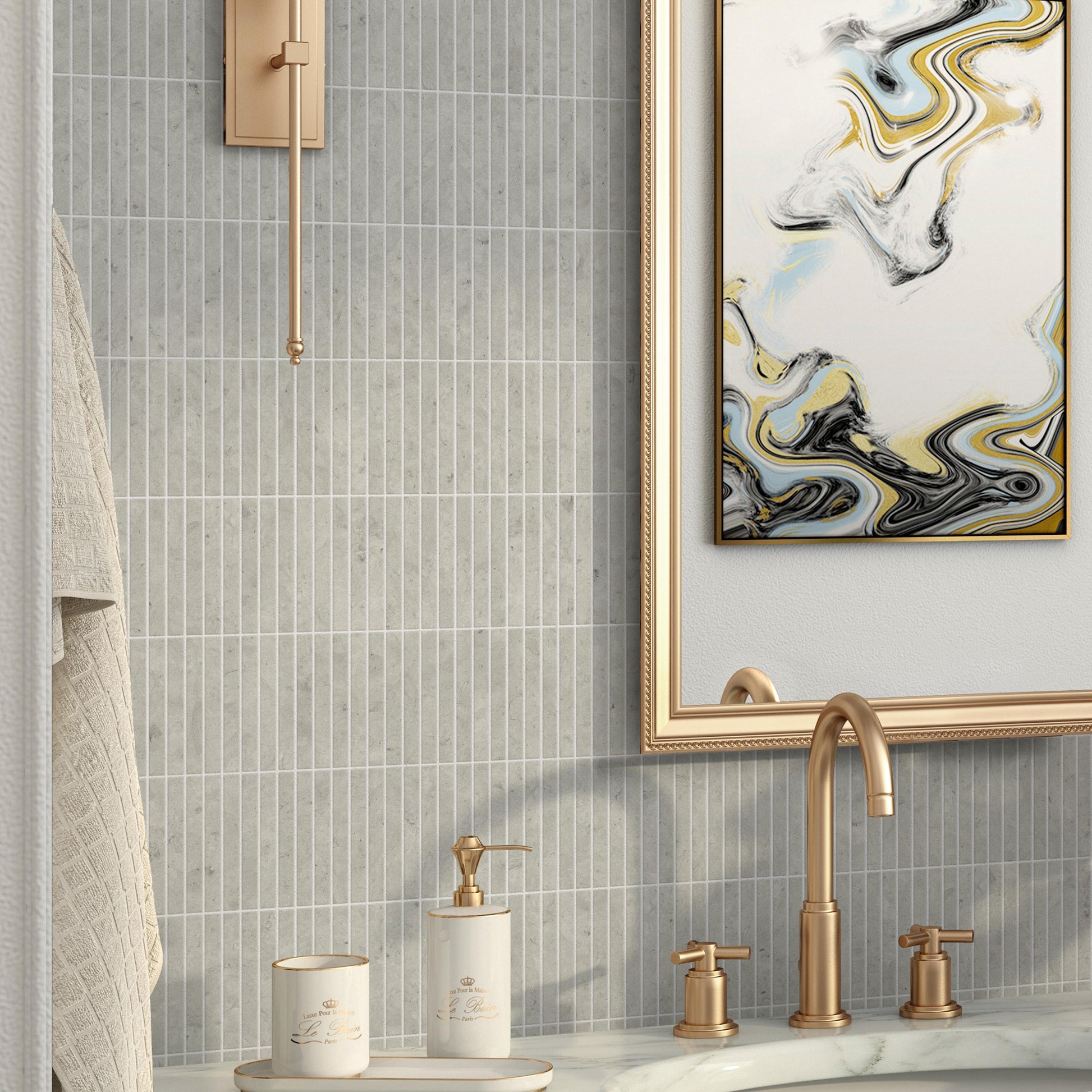 Contemporary grey micro sticks mosaic wall tile. Sticks Thea Grey Mosaic Marble Tile. Luxury Wall and Floor Tile