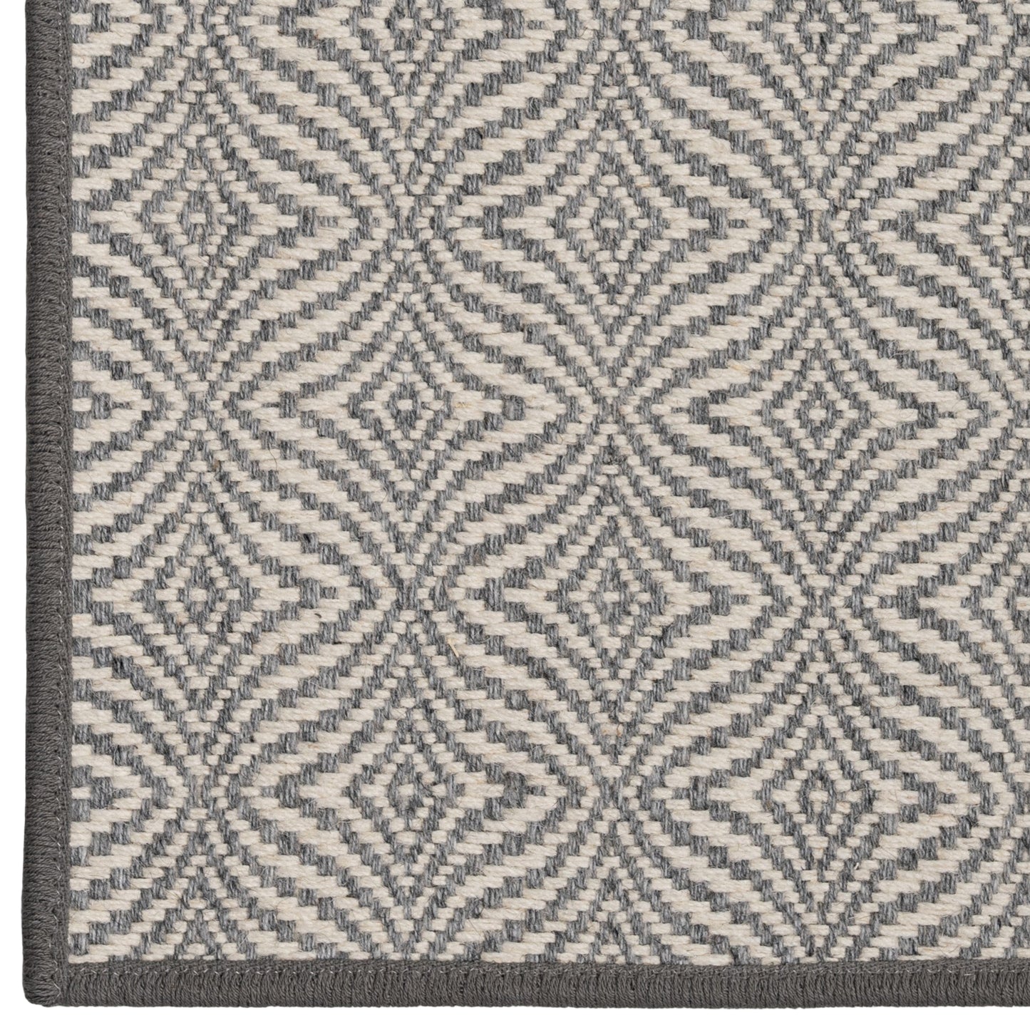 Close-up of a geometric patterned rug with blue and beige colors.