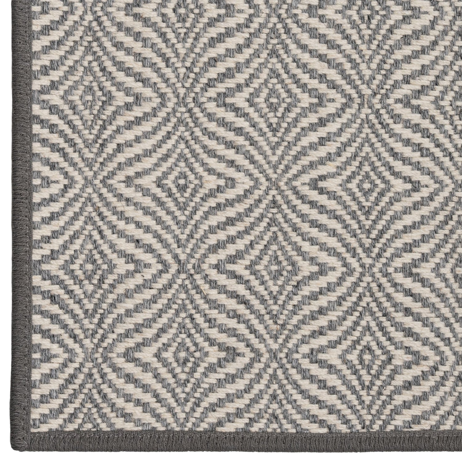 Close-up of a geometric patterned rug with blue and beige colors.