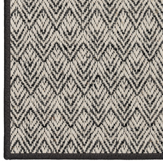 Close-up of a black and white geometric patterned rug.